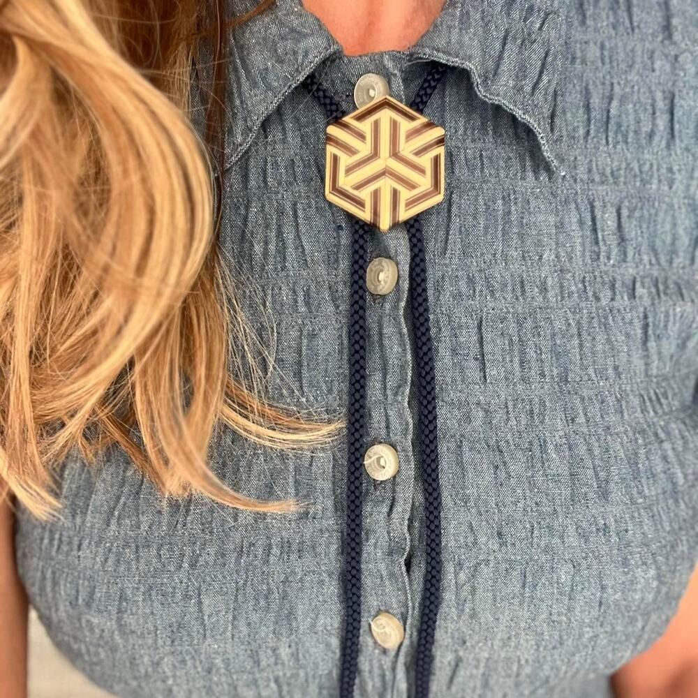Bolo Tie Geometric Walnut Vintage Western Indie